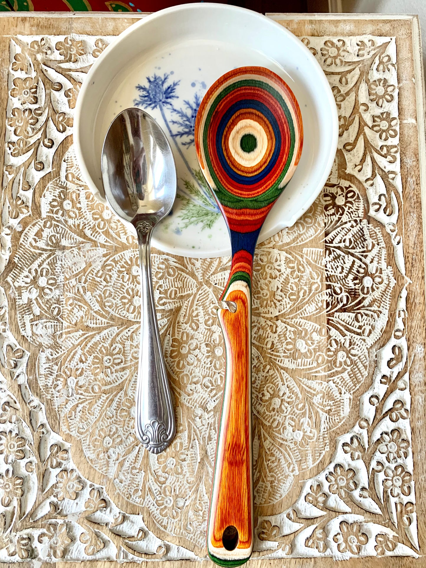 Extra large porcelain spoon rest with blue floral design #77