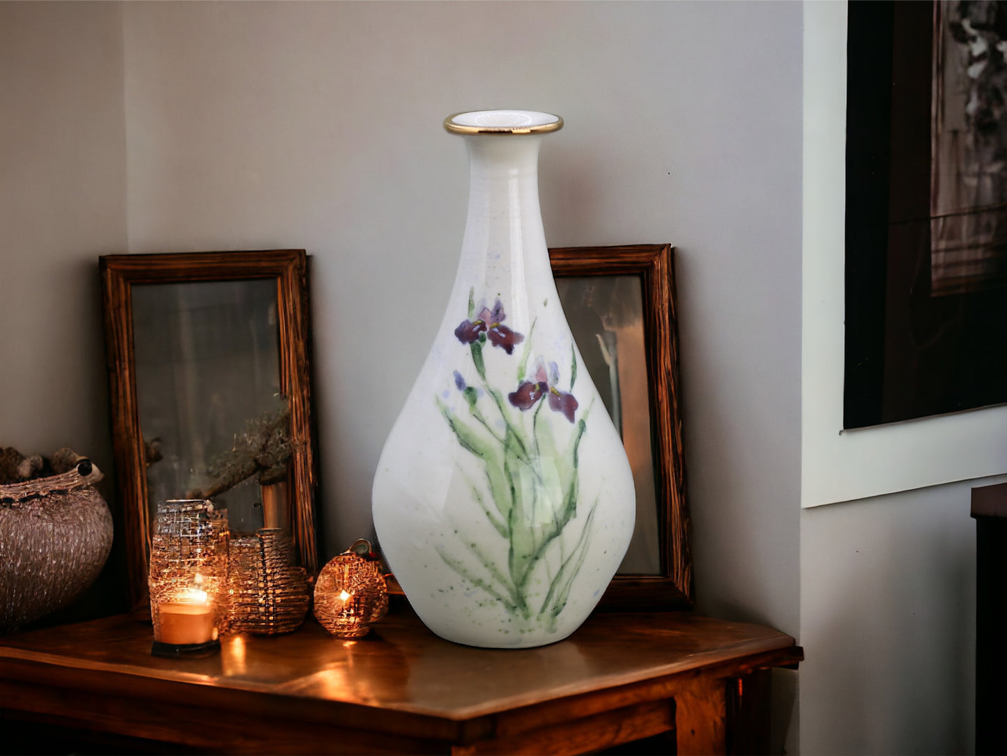 Handmade porcelain vase with Iris and gold