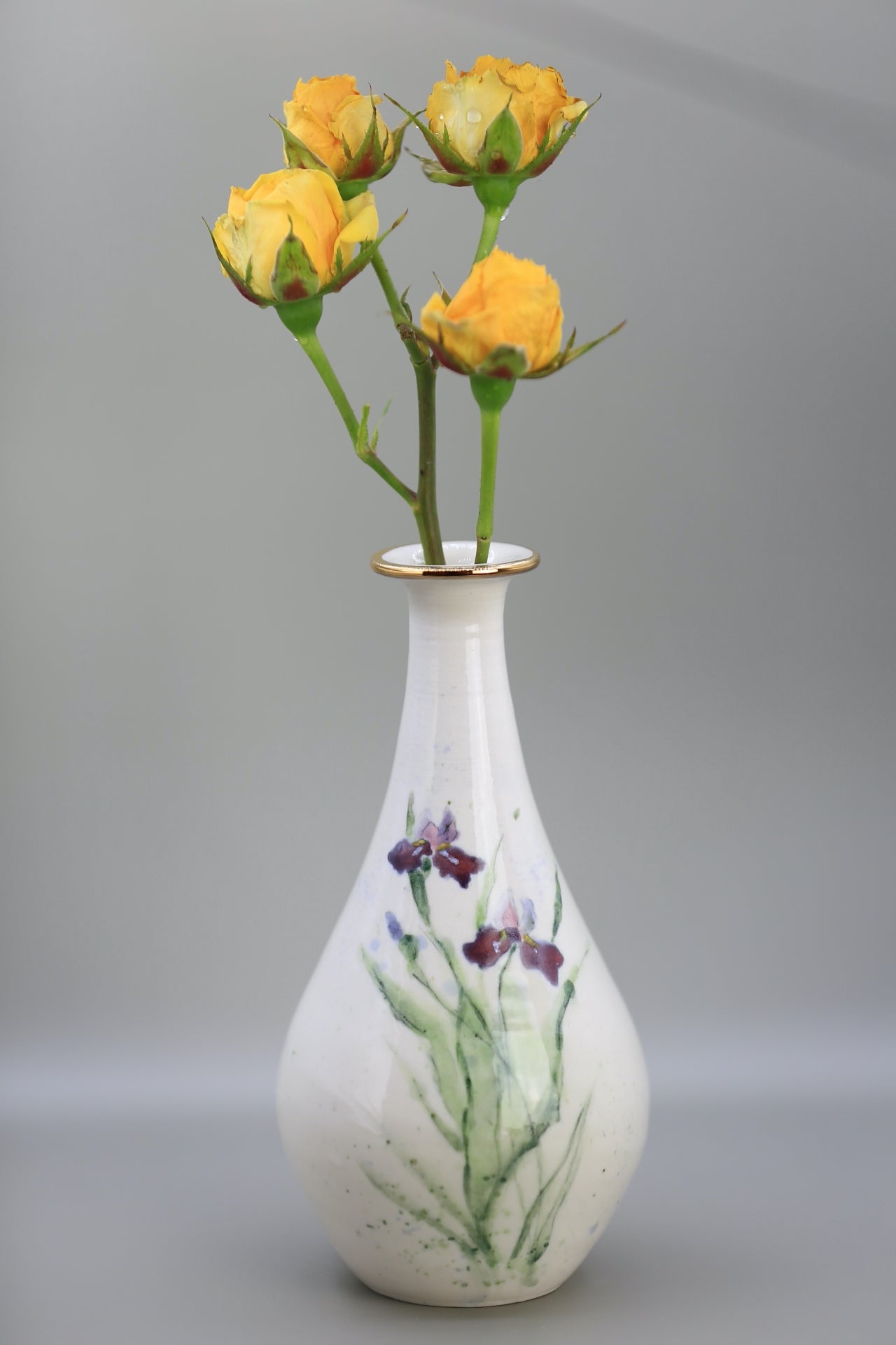 Handmade porcelain vase with Iris and gold