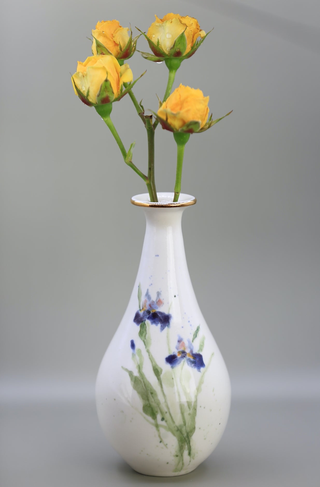 Handmade porcelain vase with Iris and gold