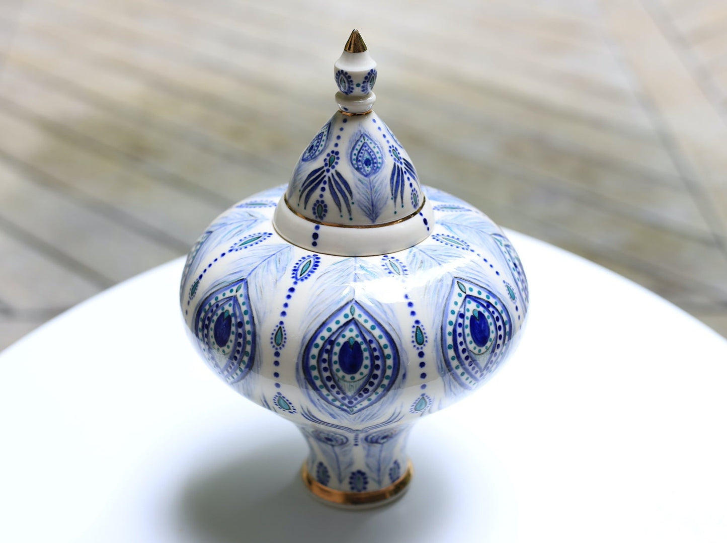 Unique porcelain jar with peacock feather mandala and gold, handmade jar, manifestation jar