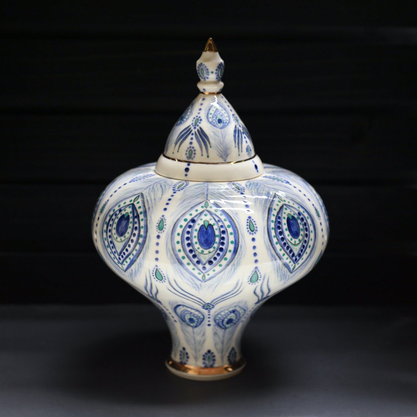 Unique porcelain jar with peacock feather mandala and gold, handmade jar, manifestation jar