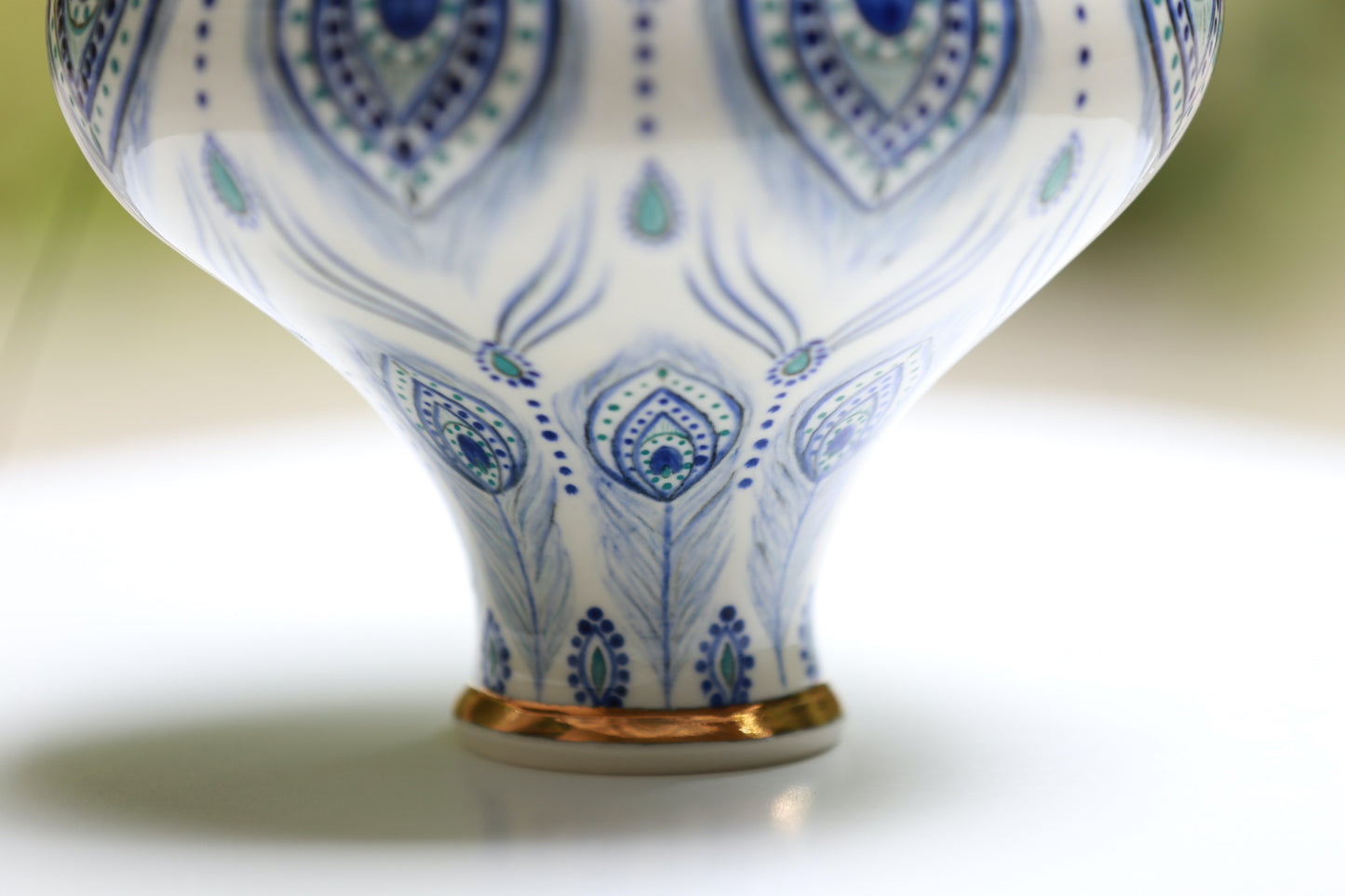 Unique porcelain jar with peacock feather mandala and gold, handmade jar, manifestation jar