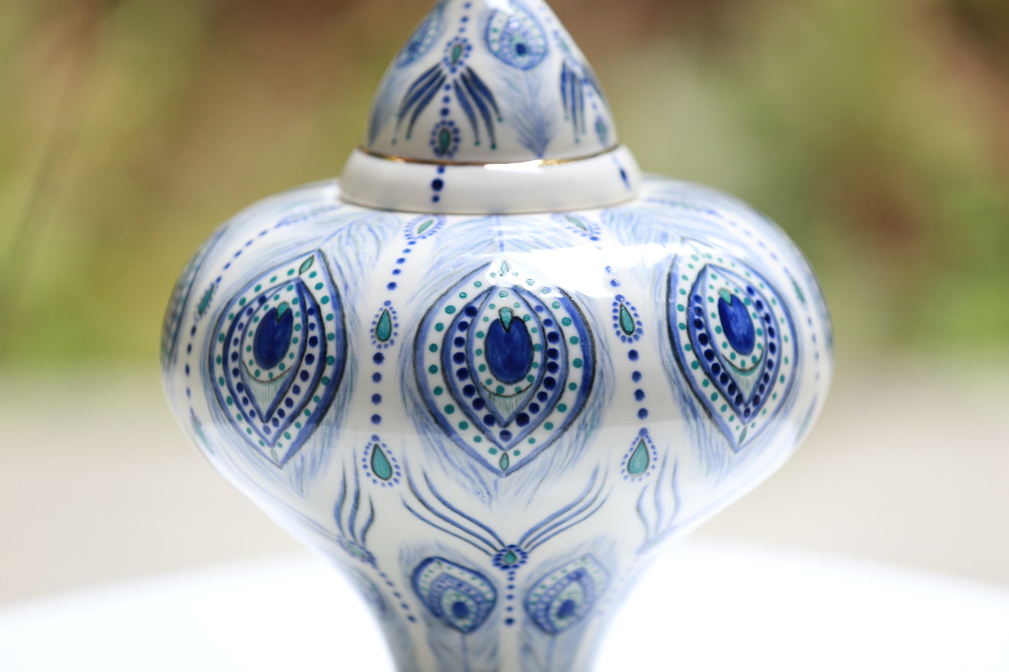 Unique porcelain jar with peacock feather mandala and gold, handmade jar, manifestation jar