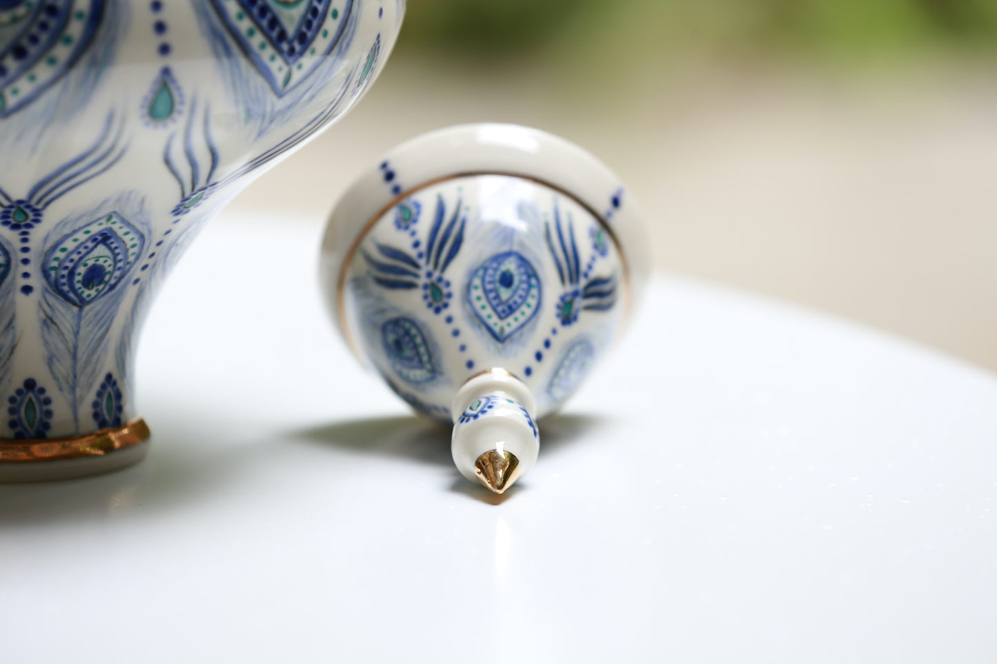 Unique porcelain jar with peacock feather mandala and gold, handmade jar, manifestation jar