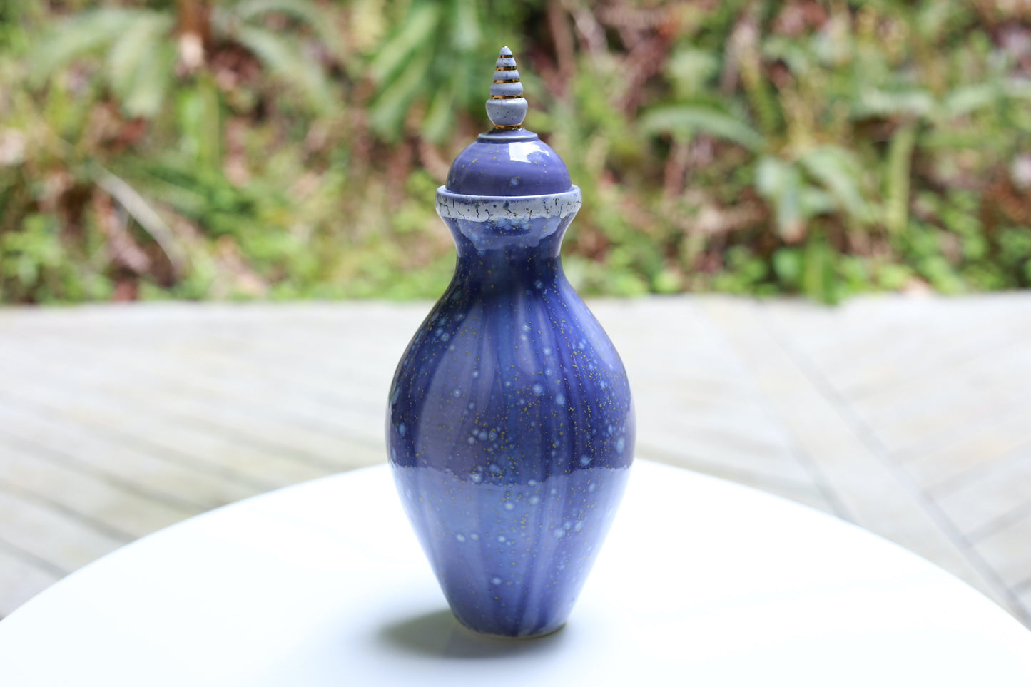 Tall porcelain jar with blue white crystal and 22 k gold, handmade jar, multipurpose jar, tall vase