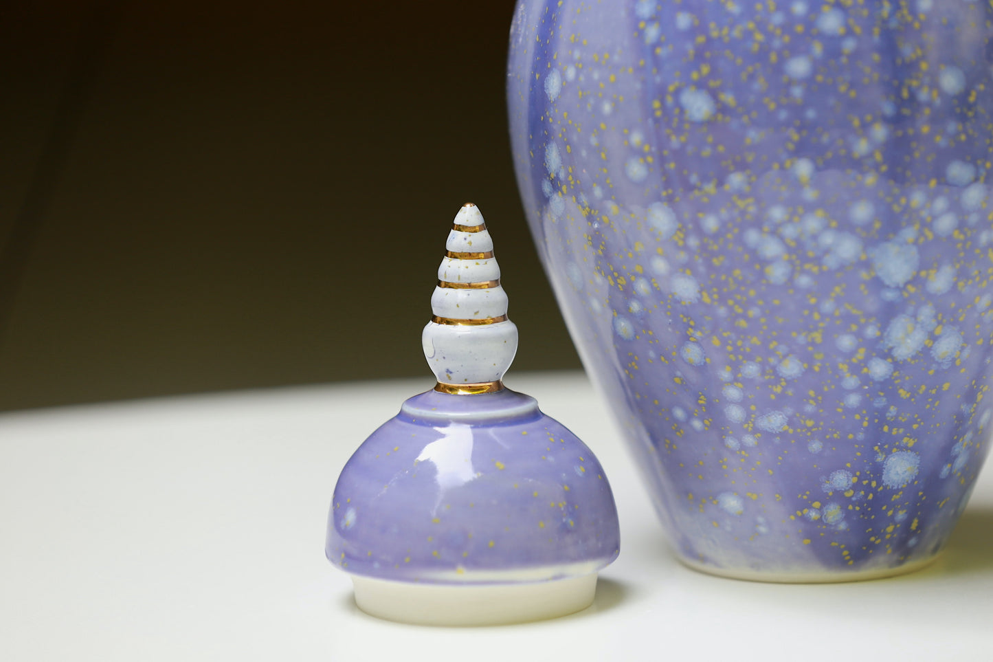 Tall porcelain jar with blue white crystal and 22 k gold, handmade jar, multipurpose jar, tall vase