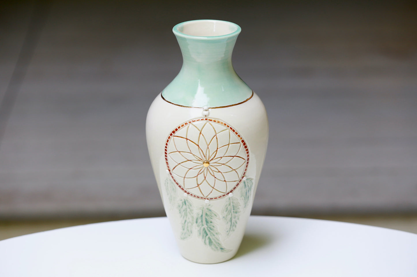 Dreamcatcher Porcelain Vase w/ 22 K Gold, handmade vase