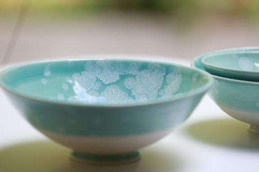 Porcelain bowl with turquoise and white crystal, handmade bowl