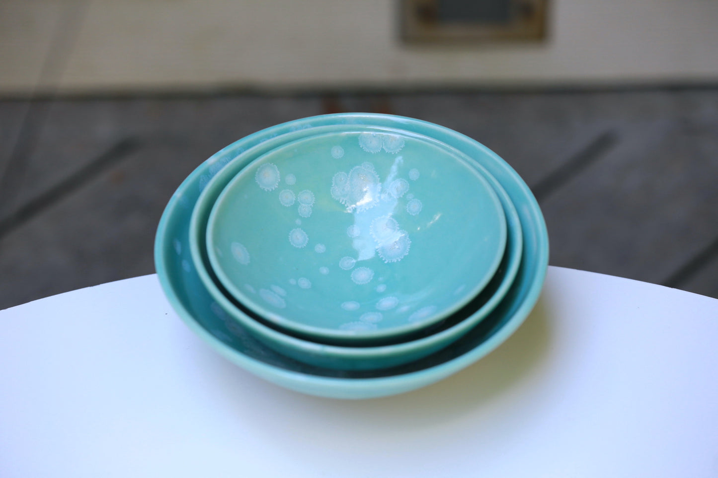 Porcelain bowl with turquoise and white crystal, handmade bowl