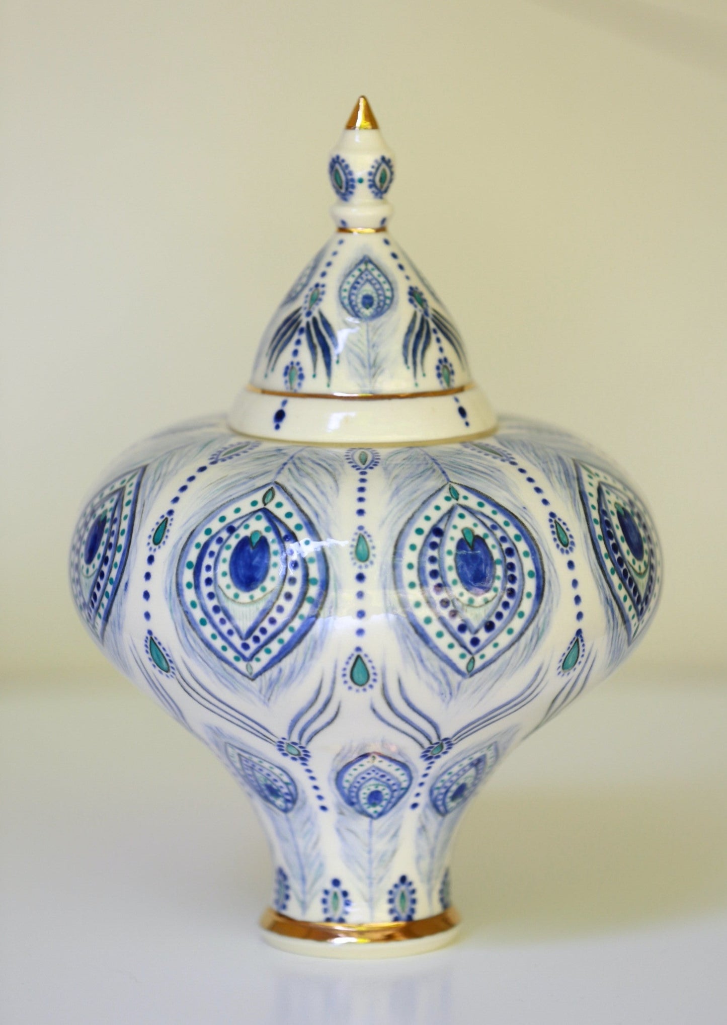 Unique porcelain jar with peacock feather mandala and gold, handmade jar, manifestation jar