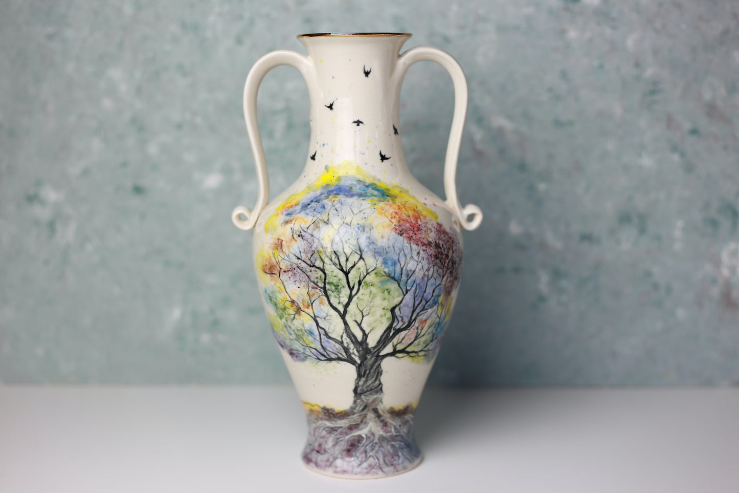 Tree of Life Porcelain Vase with 22 k gold, handmade vase, handpainted vase, vase with handles