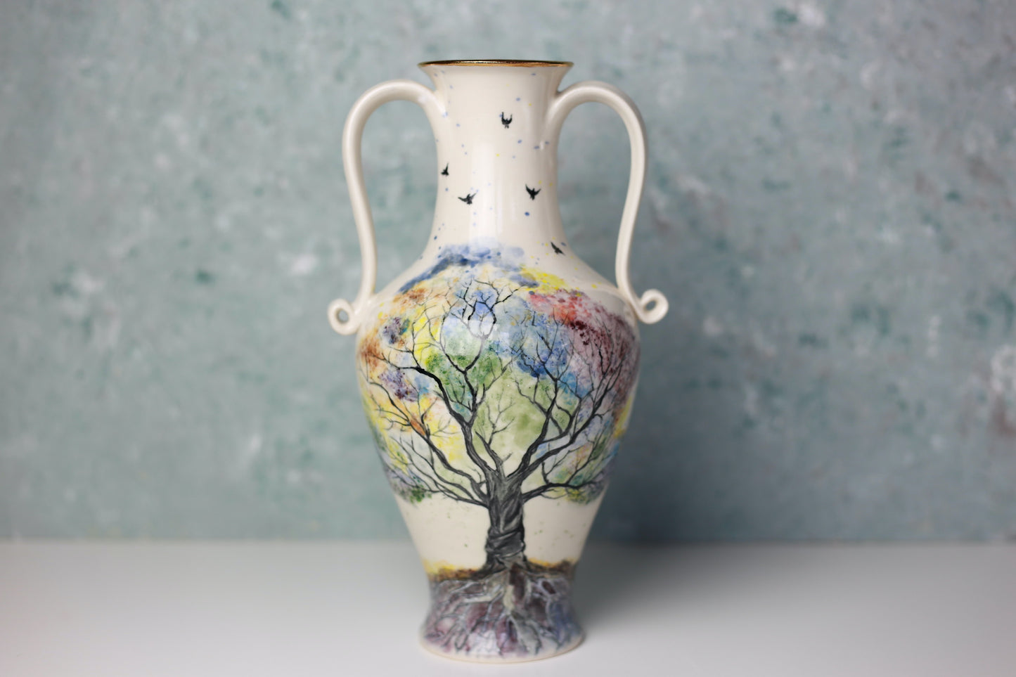 Tree of Life Porcelain Vase with 22 k gold, handmade vase, handpainted vase, vase with handles