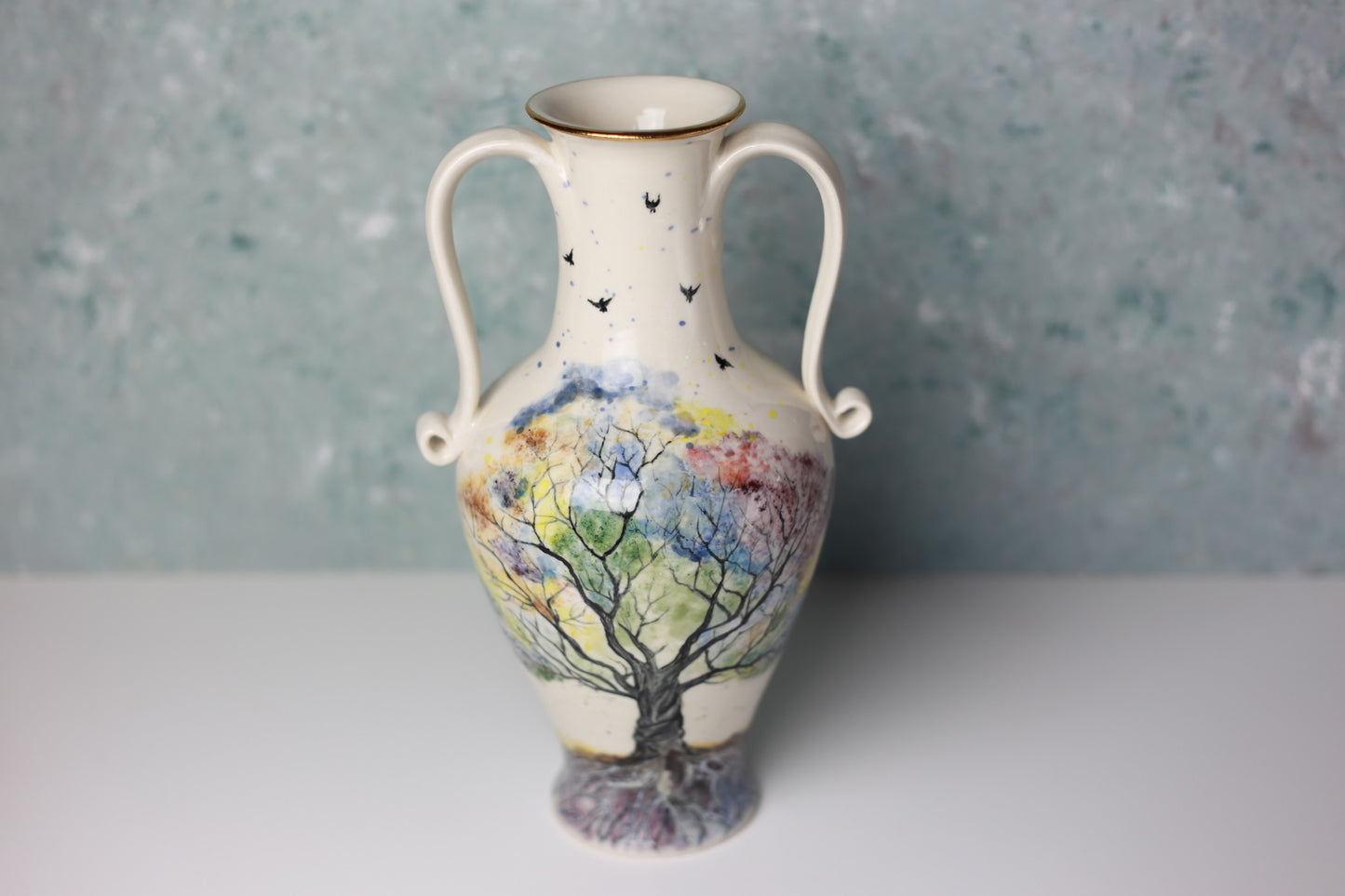 Tree of Life Porcelain Vase with 22 k gold, handmade vase, handpainted vase, vase with handles