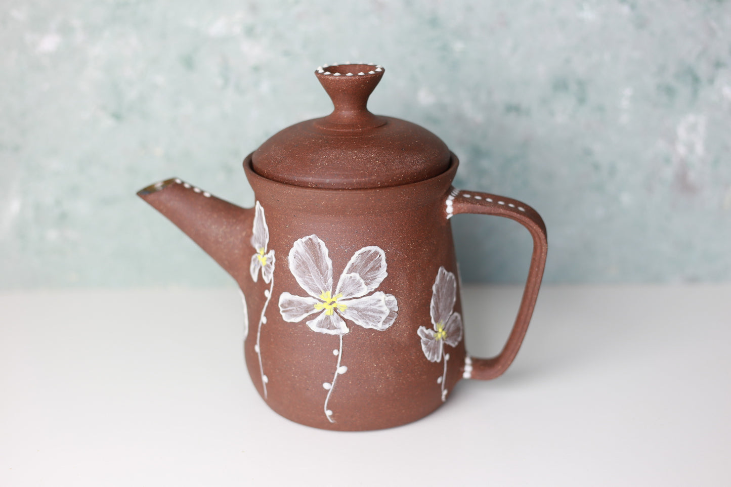 Large Stoneware Teapot with Flowers in Brown and White