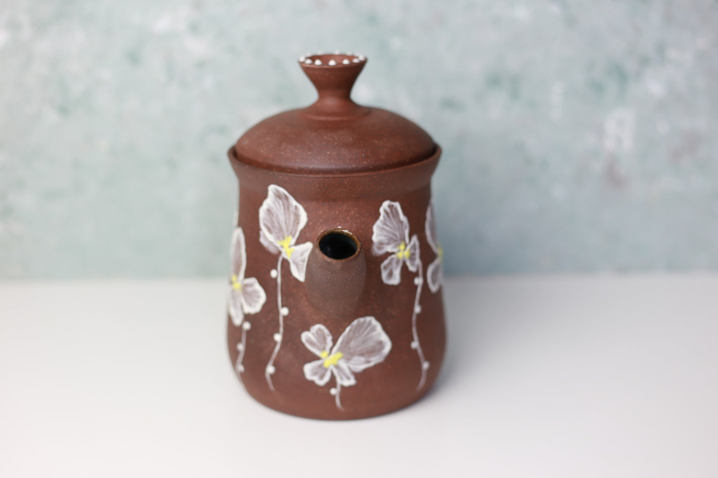 Large Stoneware Teapot with Flowers in Brown and White