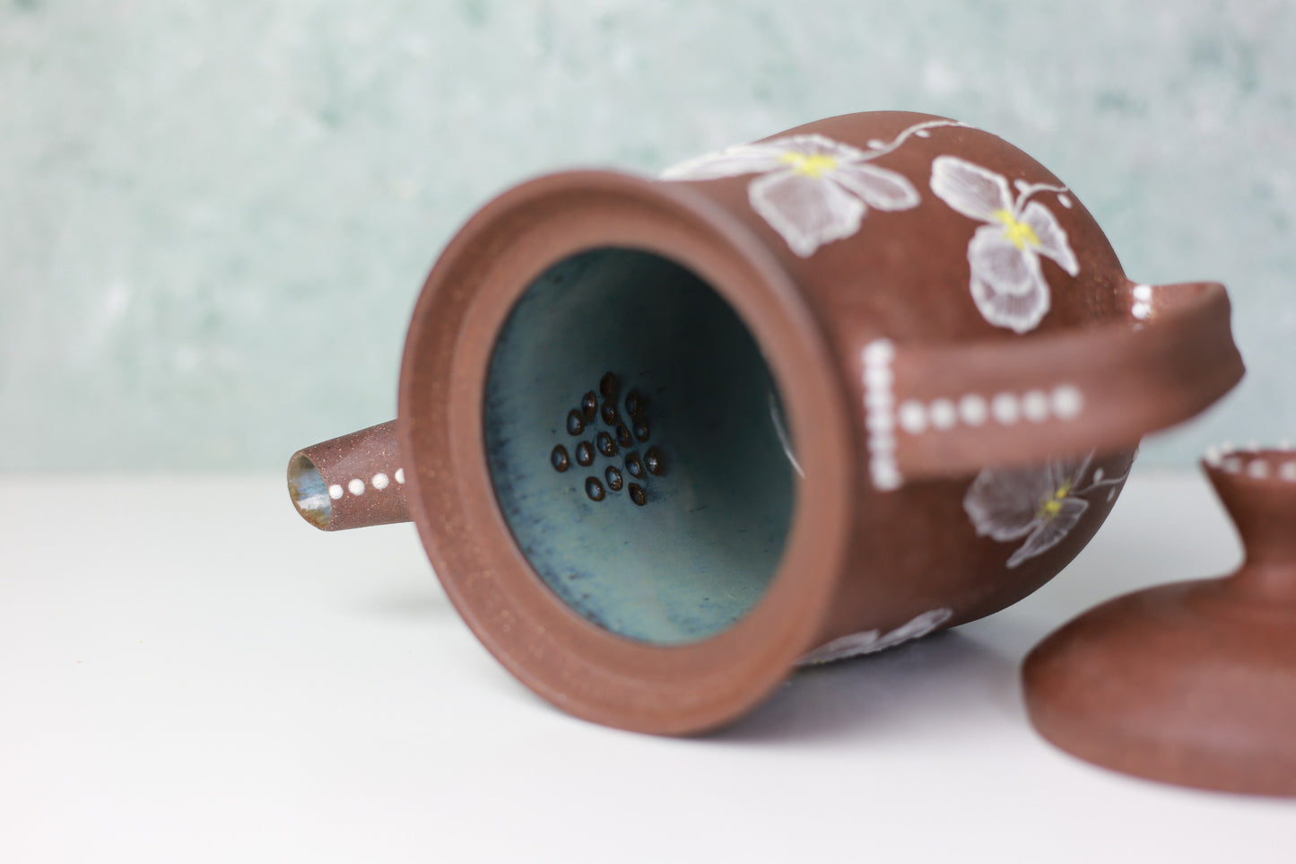 Large Stoneware Teapot with Flowers in Brown and White