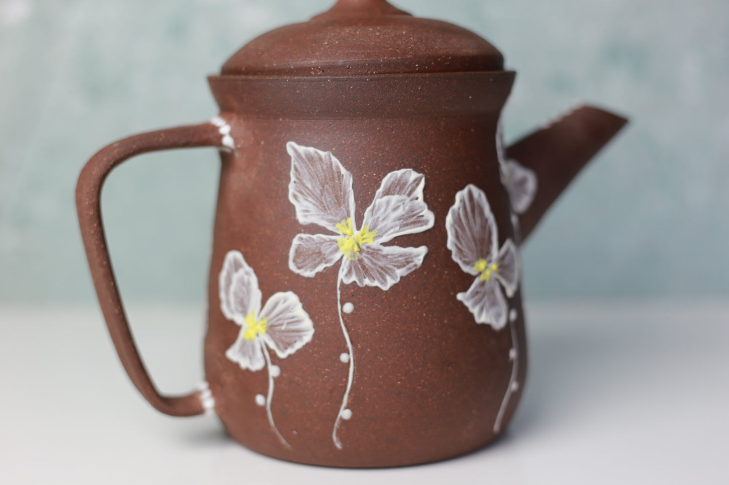 Large Stoneware Teapot with Flowers in Brown and White