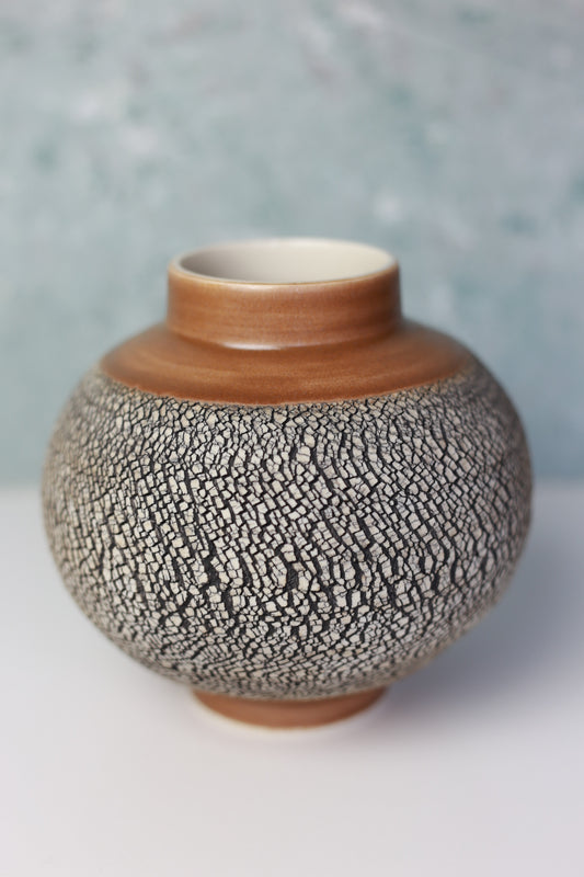 Round Porcelain Vase with Texture in Caramel Brown