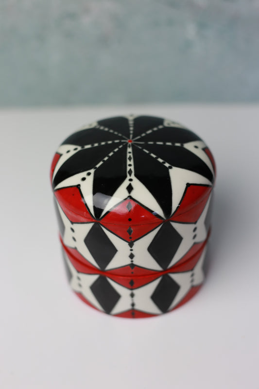 Hand-painted Stackable Porcelain Jar with Red and Black Mandala