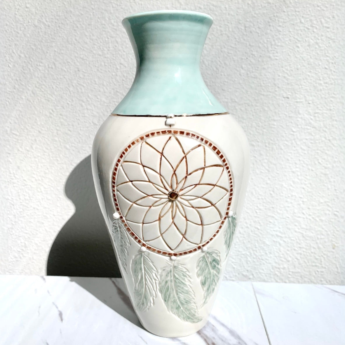 Dreamcatcher Porcelain Vase w/ 22 K Gold, handmade vase
