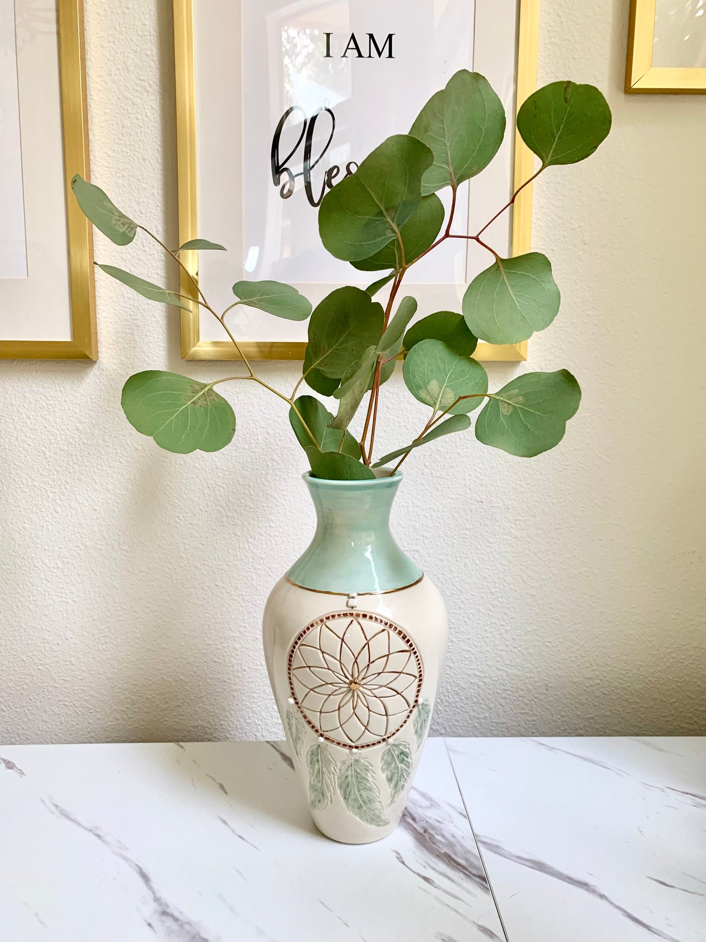 Dreamcatcher Porcelain Vase w/ 22 K Gold, handmade vase