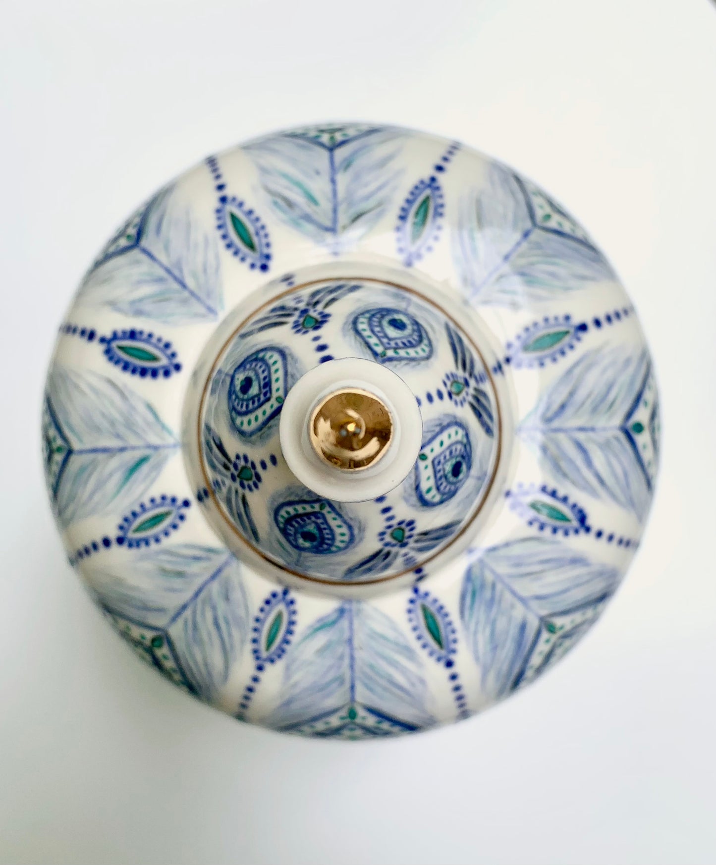 Unique porcelain jar with peacock feather mandala and gold, handmade jar, manifestation jar