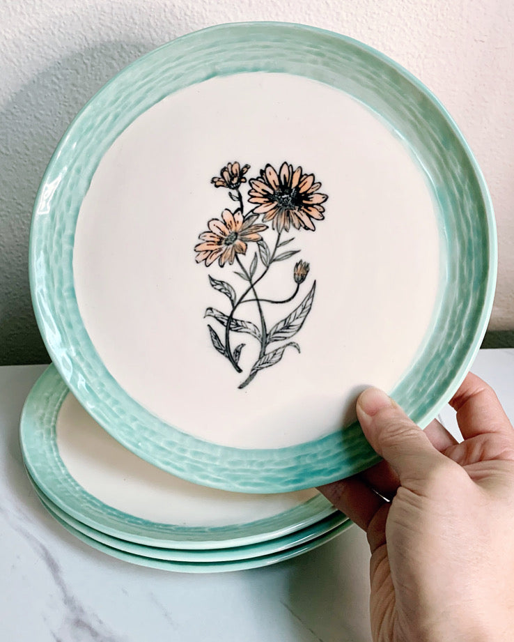 Handmade porcelain plate with daisy flower, dessert plate, salad plate