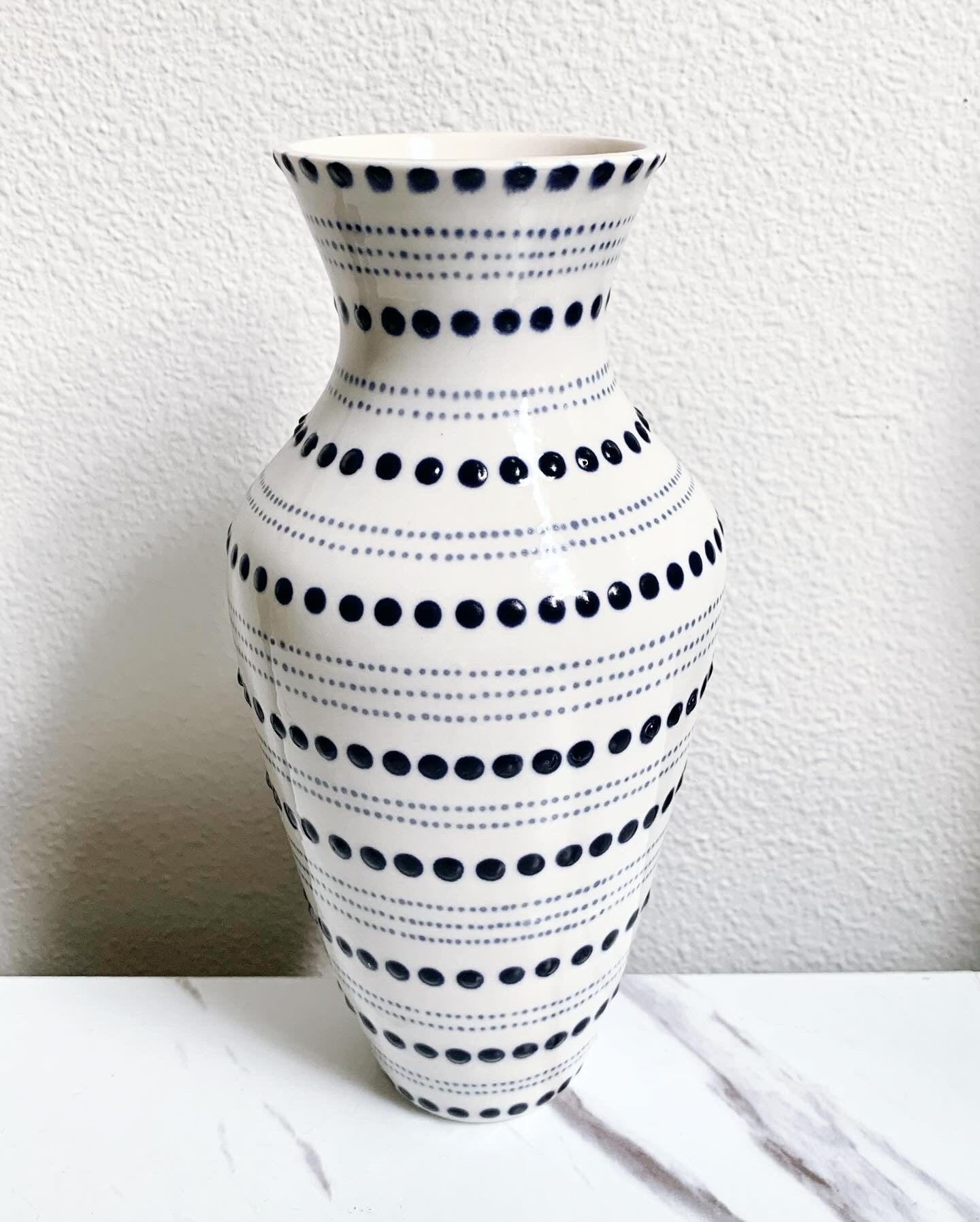 Tall porcelain vase with blue dots, handmade vase