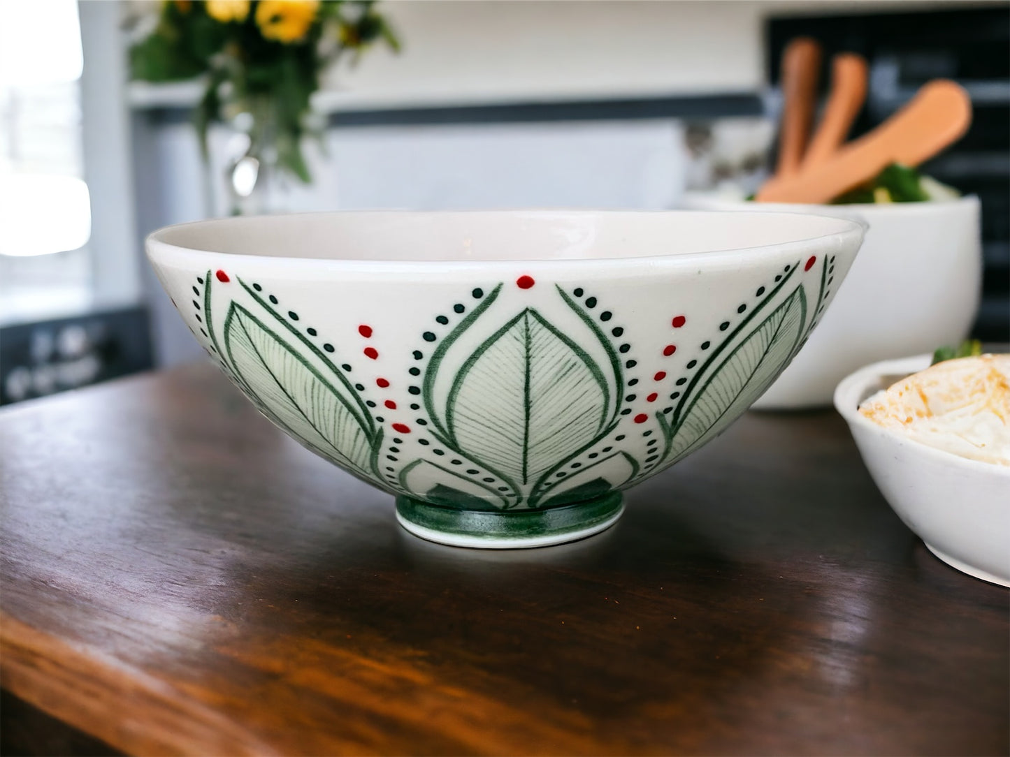Medium porcelain bowl with hand-painted green mandala art