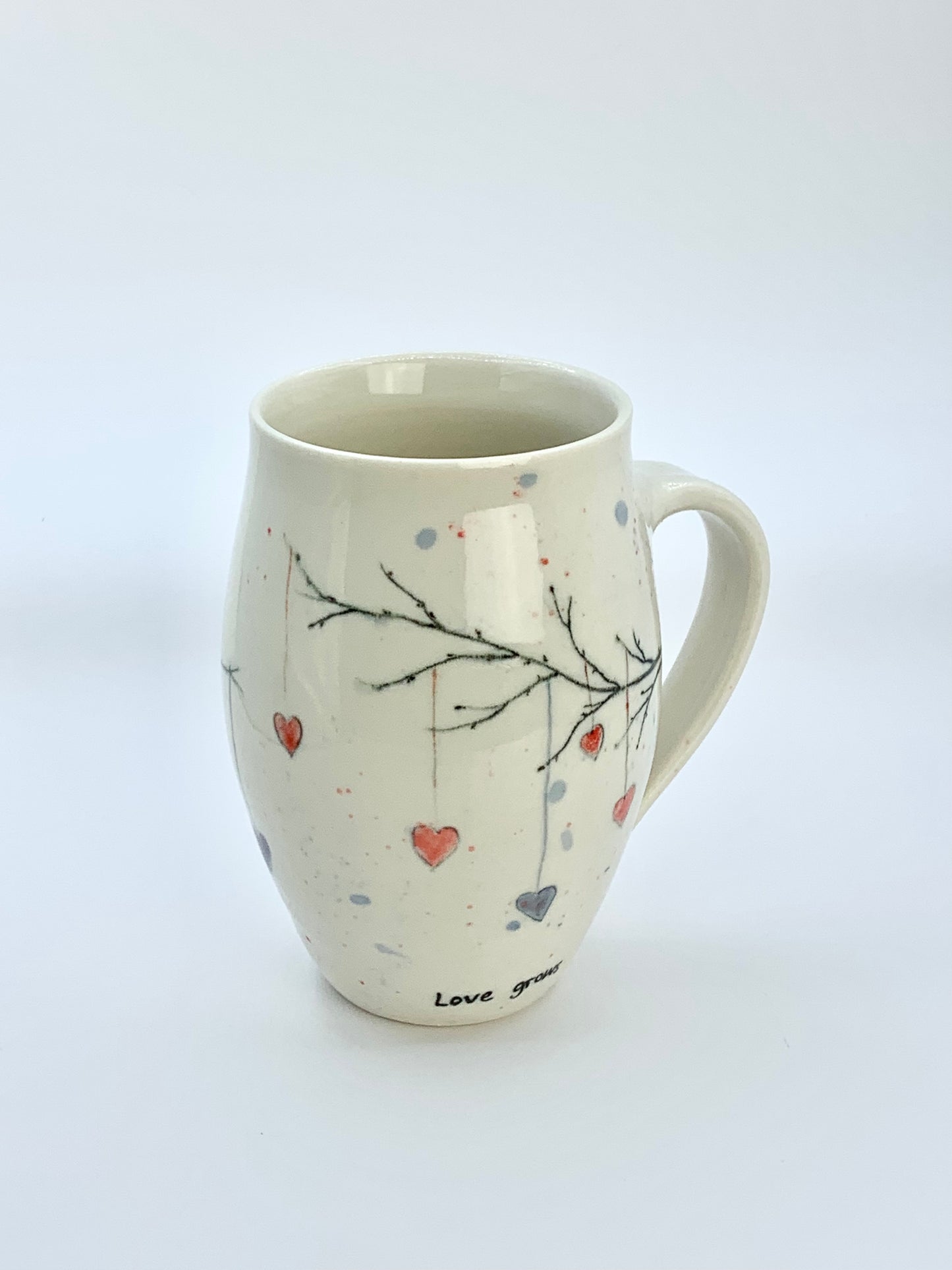 16 oz large porcelain mug with handpainted heart decorations