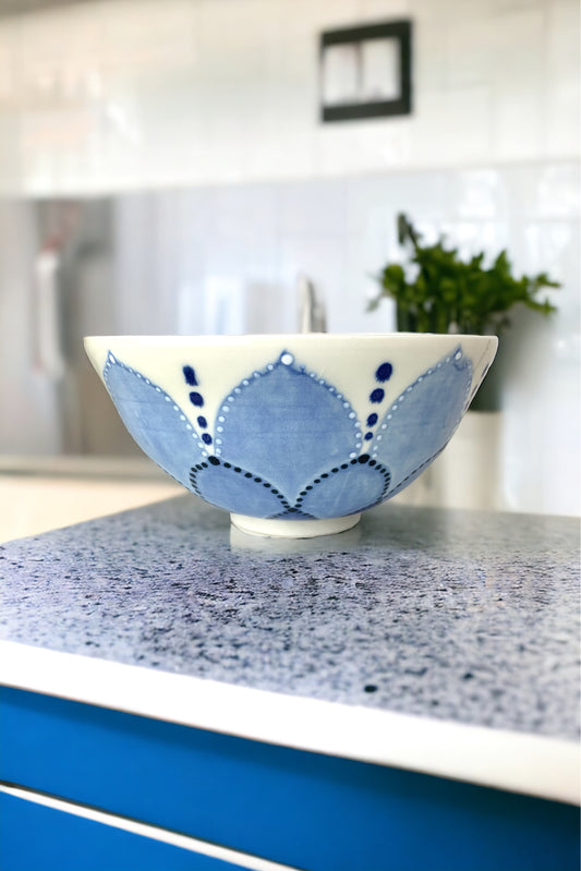 Medium porcelain bowl with blue petal mandala