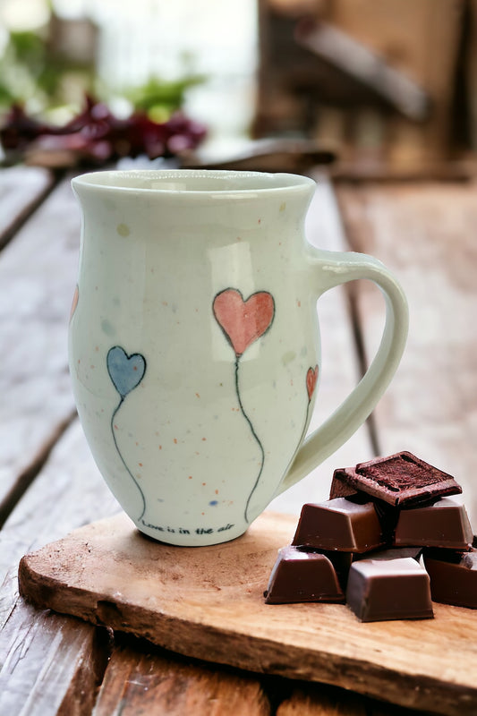 16 oz large porcelain mug with hand painted heart balloons