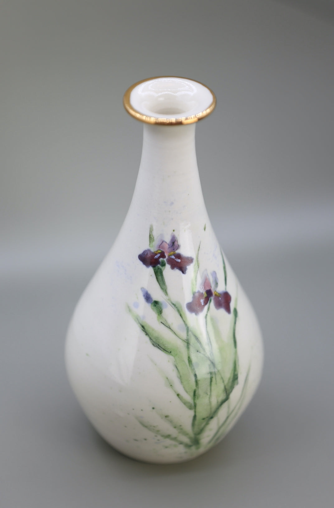 Handmade porcelain vase with Iris and gold