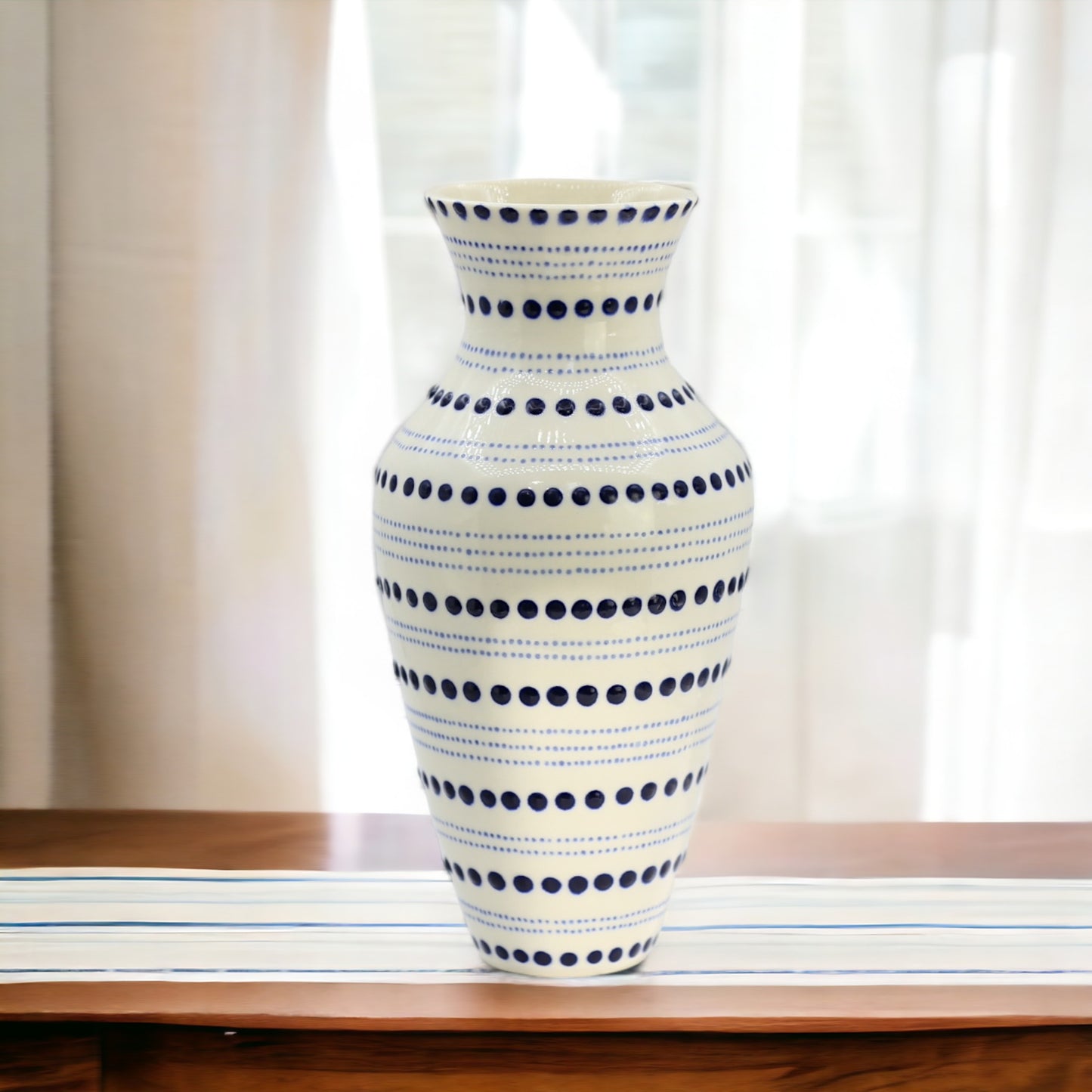 Tall porcelain vase with blue dots, handmade vase