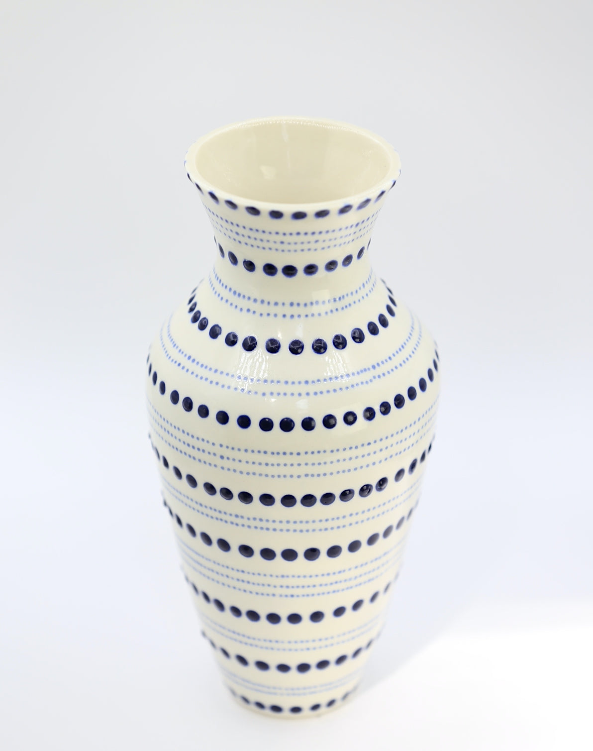 Tall porcelain vase with blue dots, handmade vase