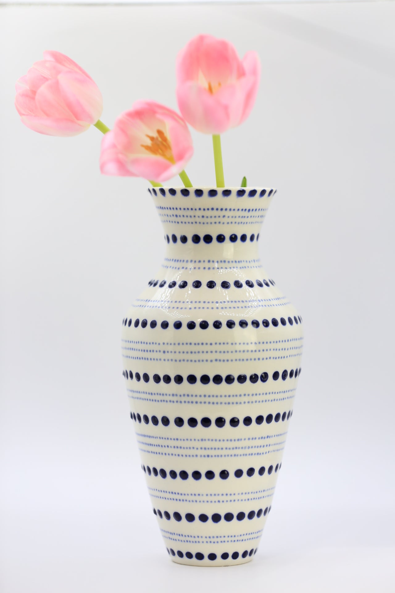 Tall porcelain vase with blue dots, handmade vase