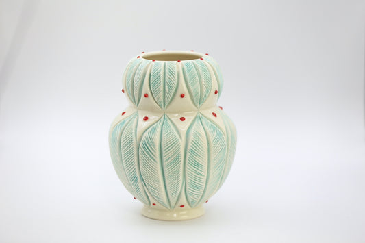 Porcelain vase with leaf mandala in green red, handmade vase,