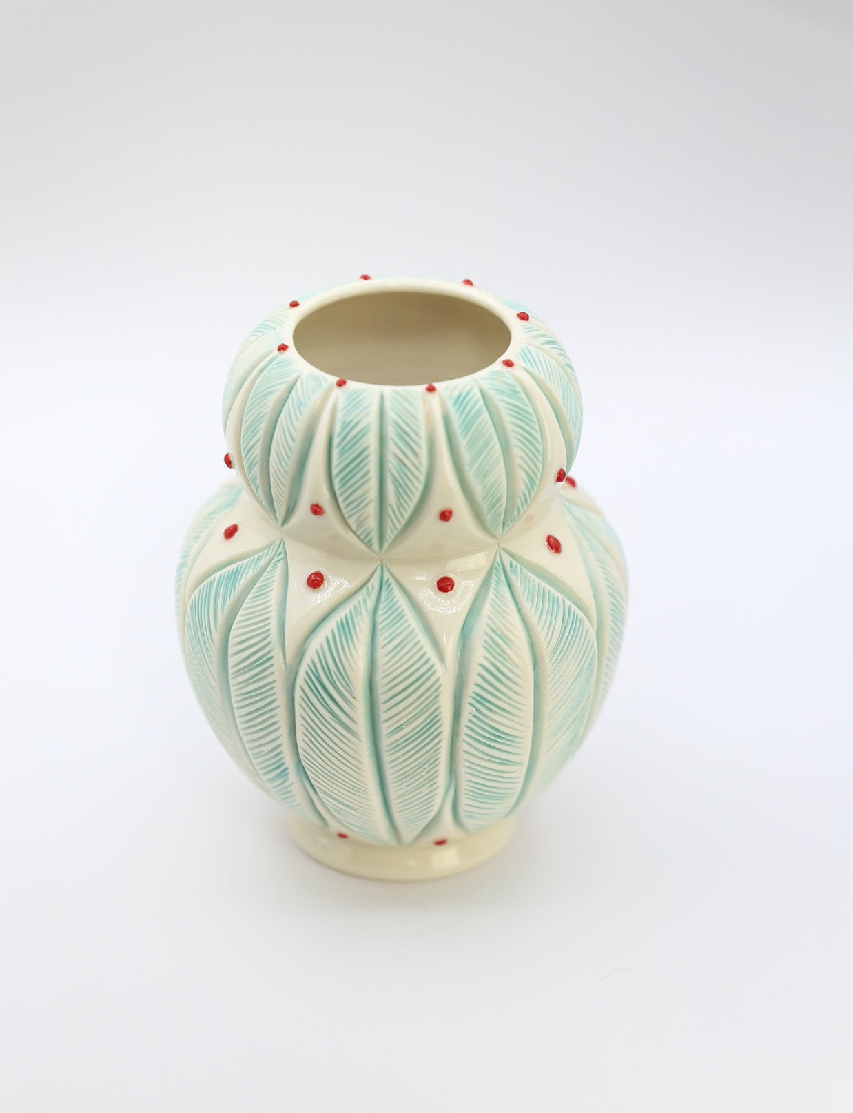 Porcelain vase with leaf mandala in green red, handmade vase,