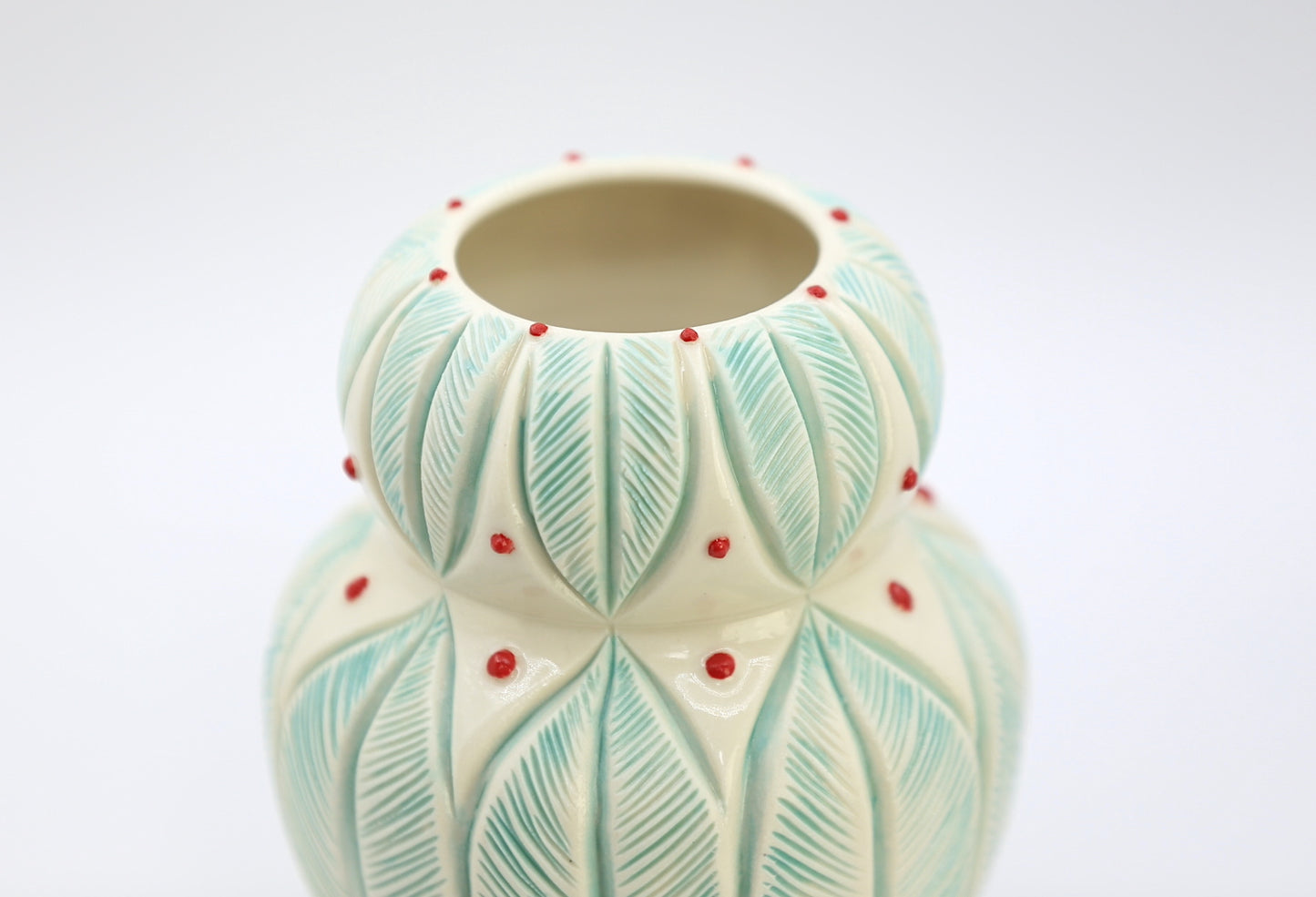 Porcelain vase with leaf mandala in green red, handmade vase,