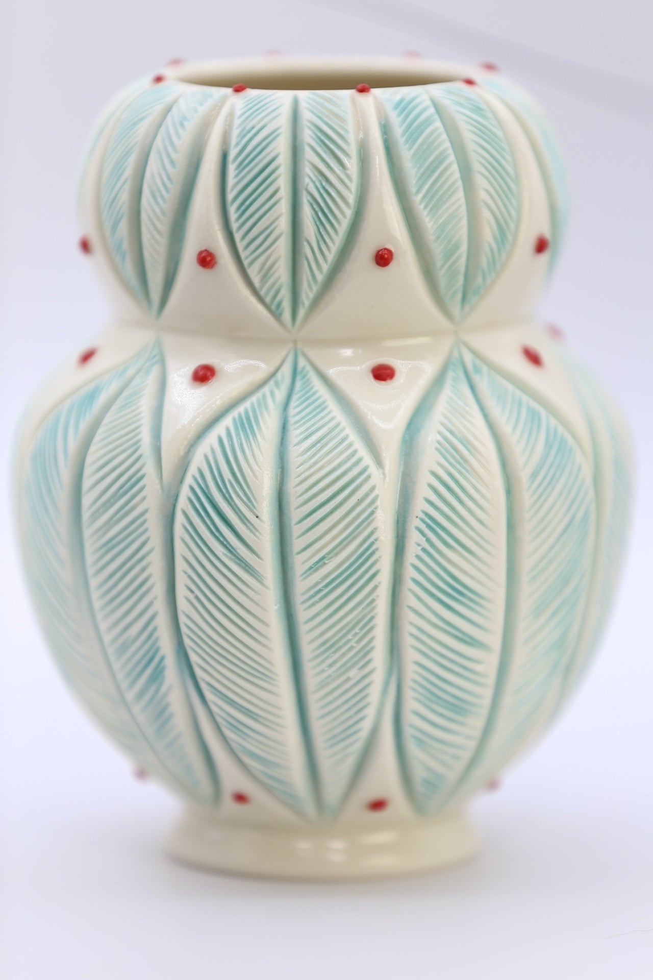 Porcelain vase with leaf mandala in green red, handmade vase,