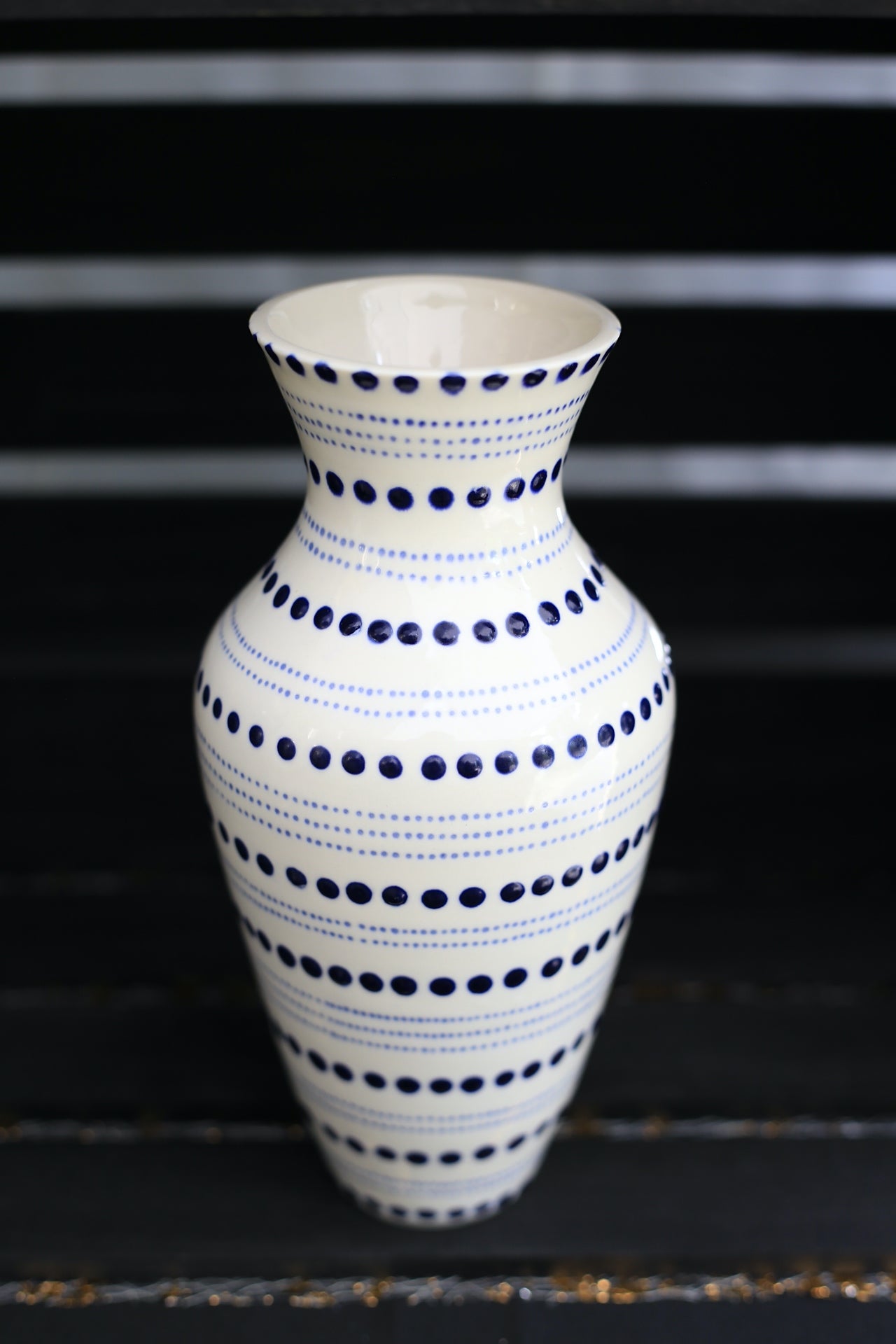 Tall porcelain vase with blue dots, handmade vase