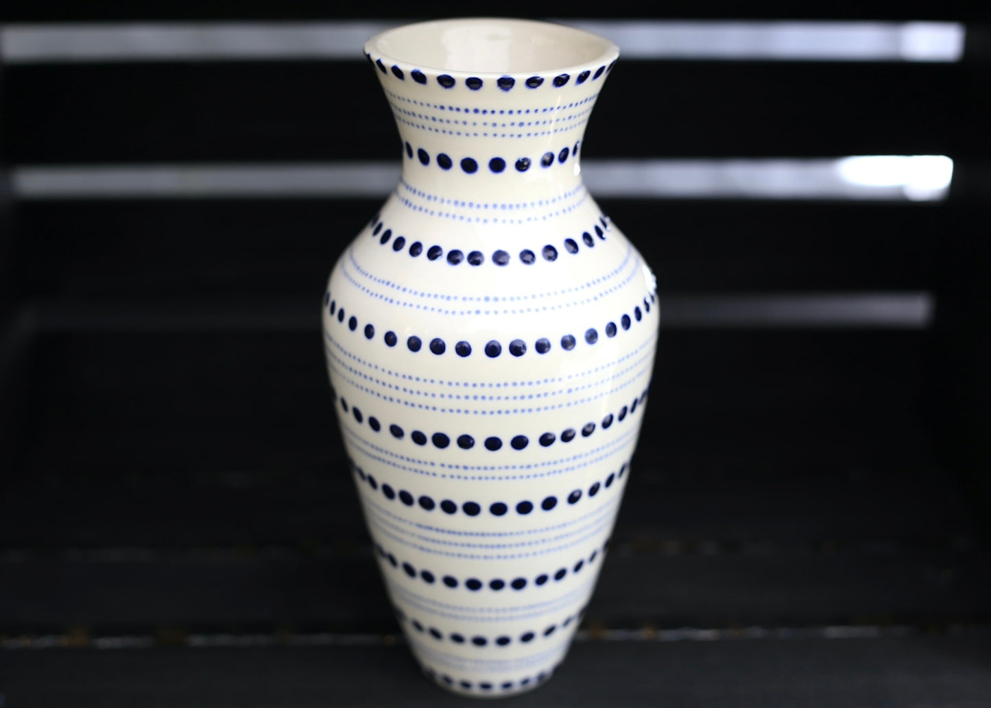 Tall porcelain vase with blue dots, handmade vase