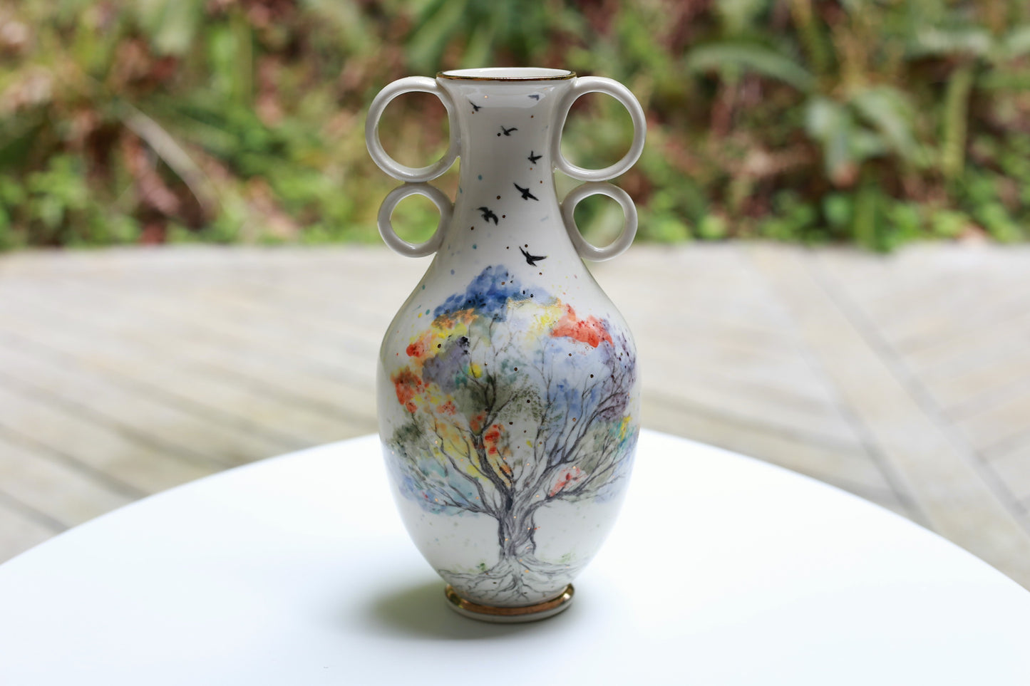 Tall porcelain vase with tree of life and 22 k gold, handmade vase, handpainted vase, vase with handles