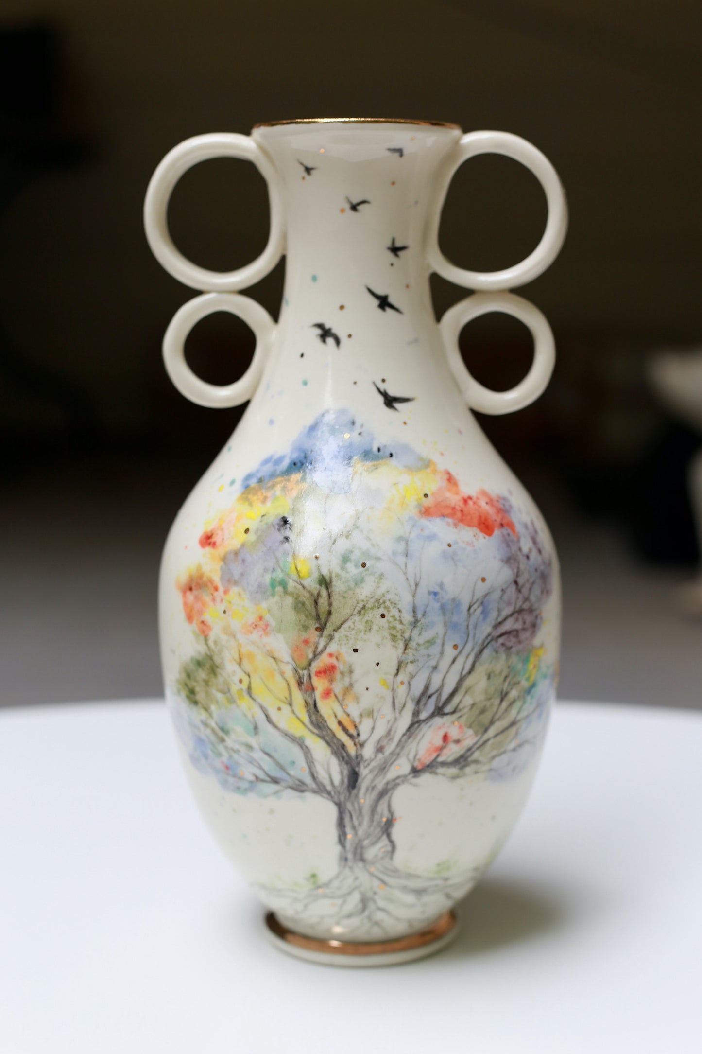 Tall porcelain vase with tree of life and 22 k gold, handmade vase, handpainted vase, vase with handles