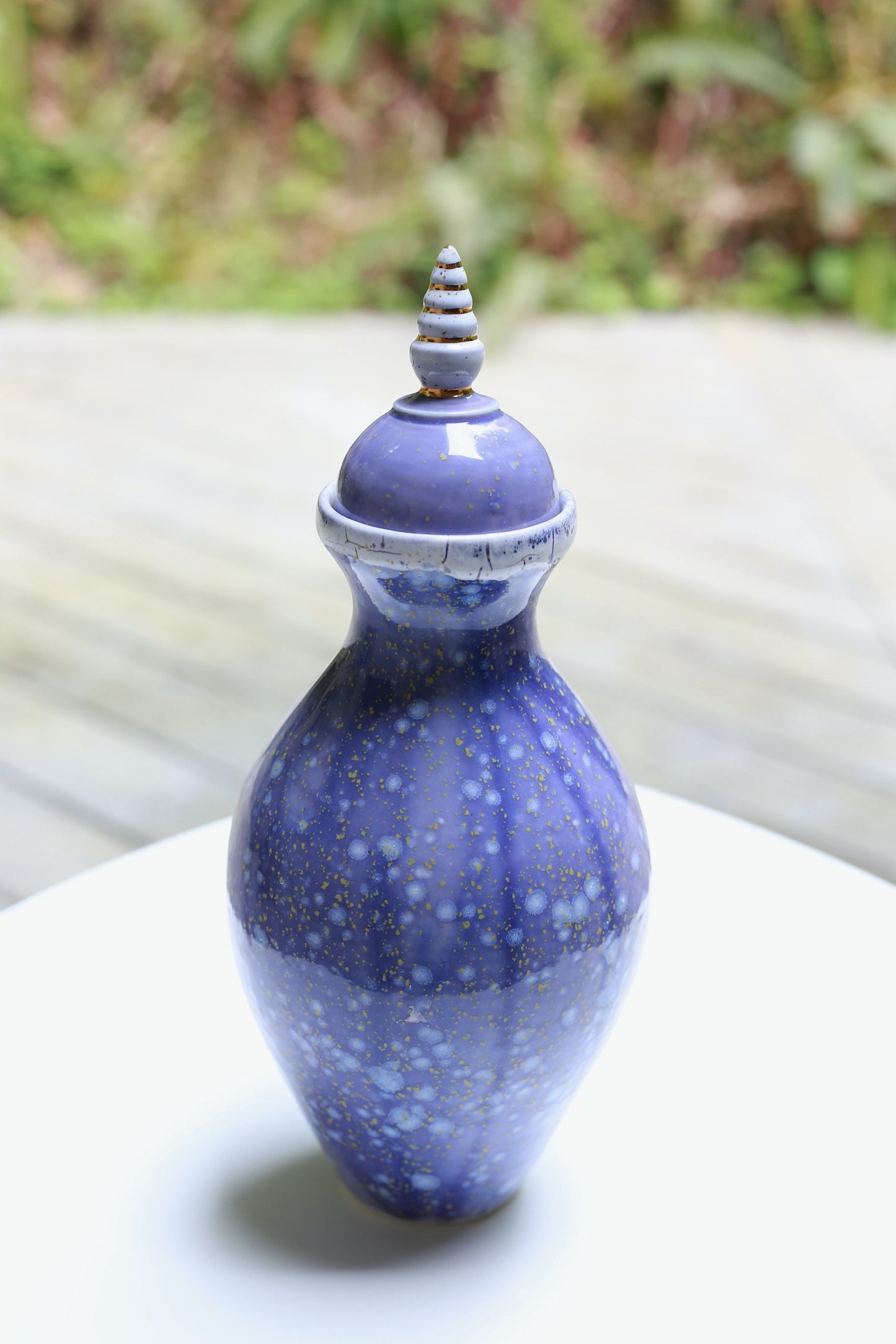 Tall porcelain jar with blue white crystal and 22 k gold, handmade jar, multipurpose jar, tall vase