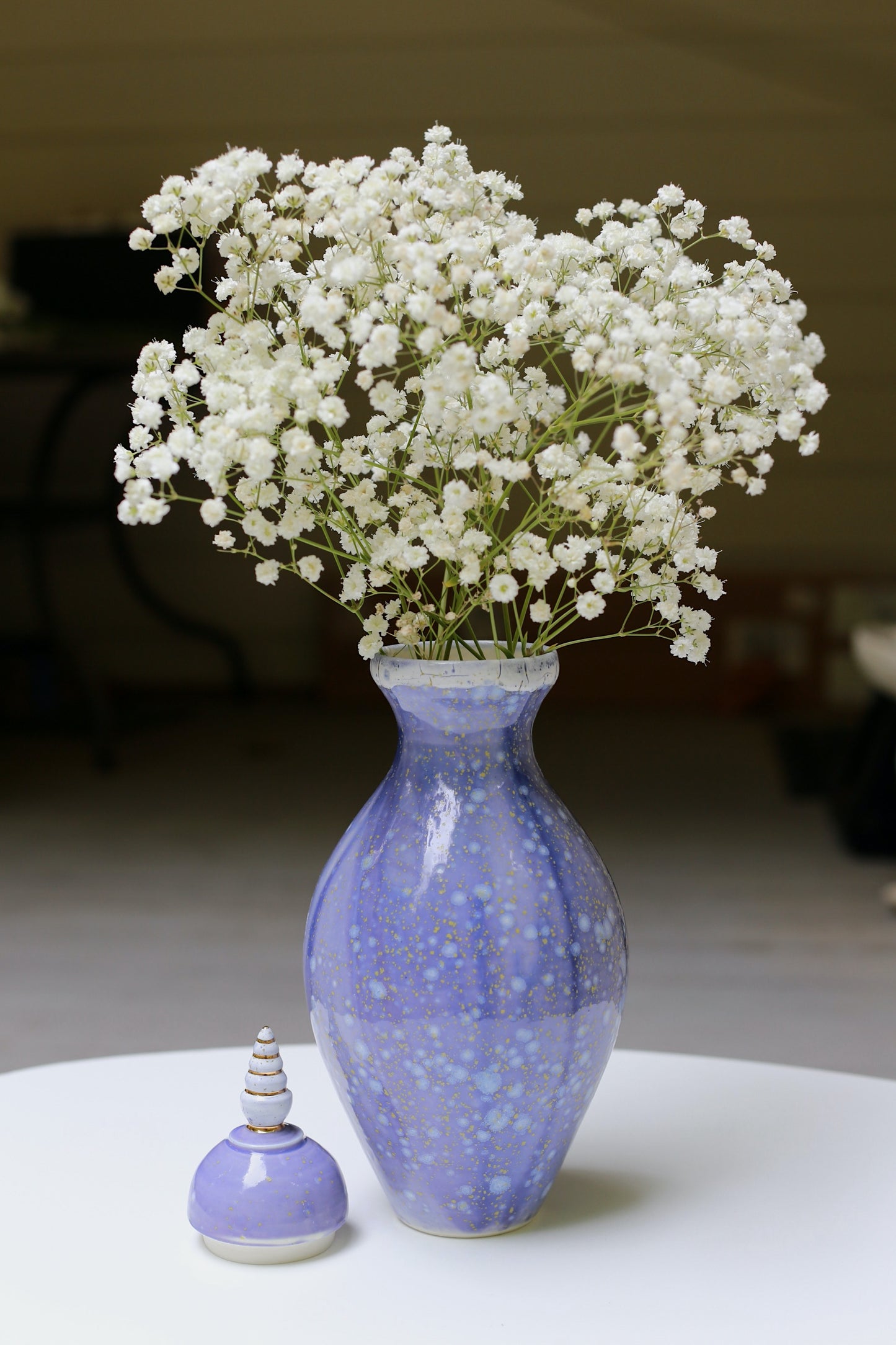 Tall porcelain jar with blue white crystal and 22 k gold, handmade jar, multipurpose jar, tall vase