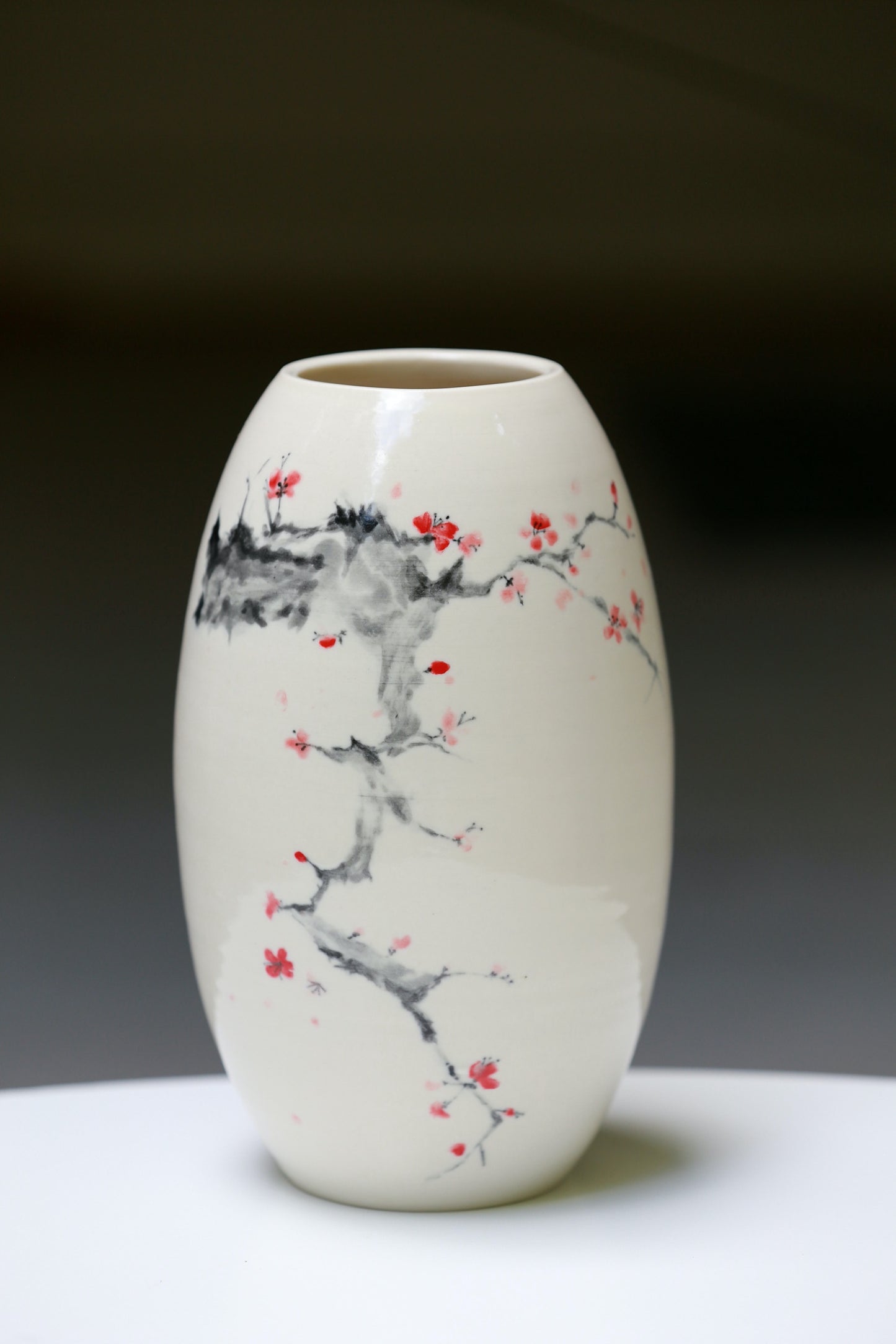 Porcelain vase with handpainted cherry blossom, handmade vase