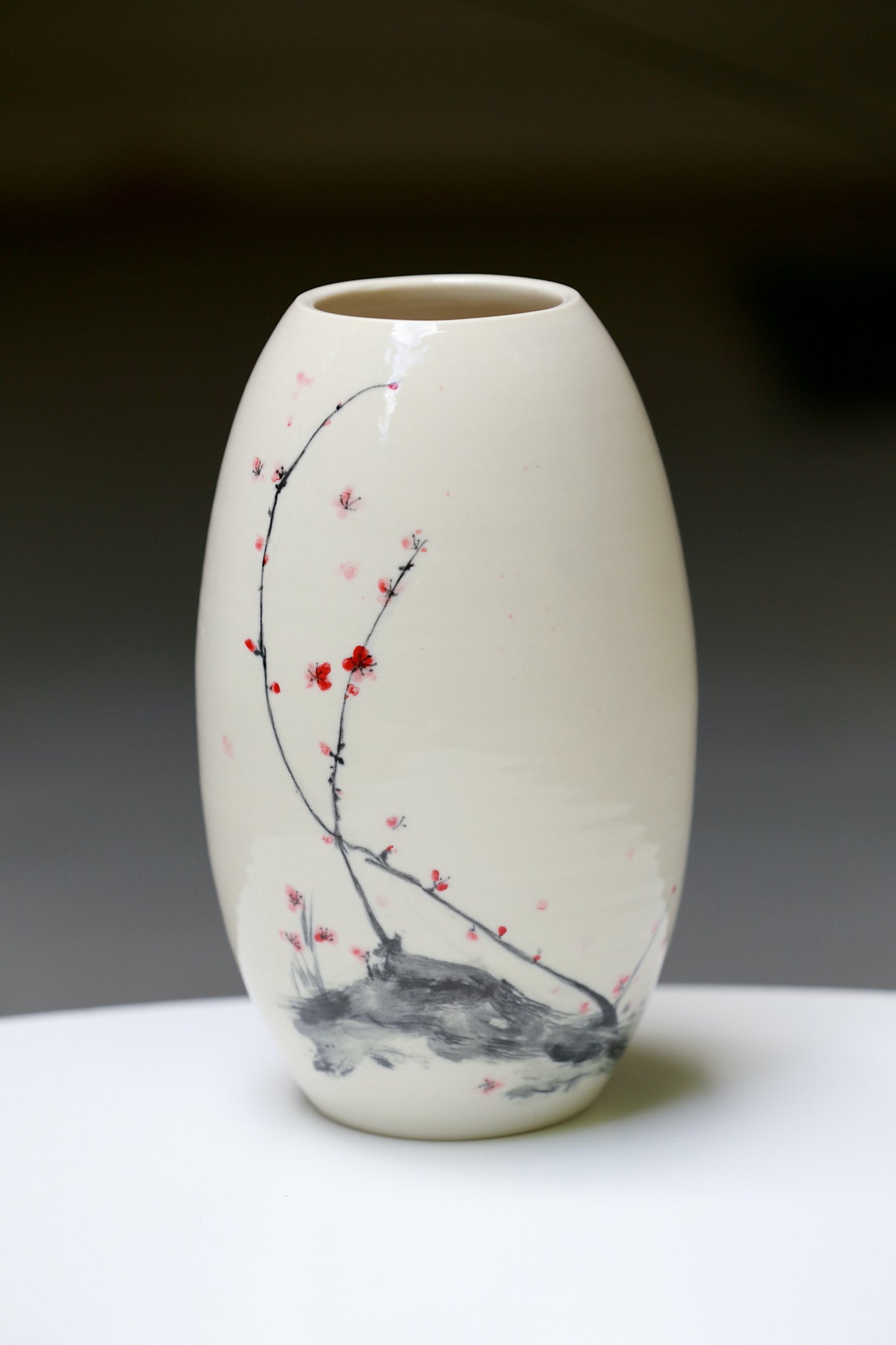 Porcelain vase with handpainted cherry blossom, handmade vase