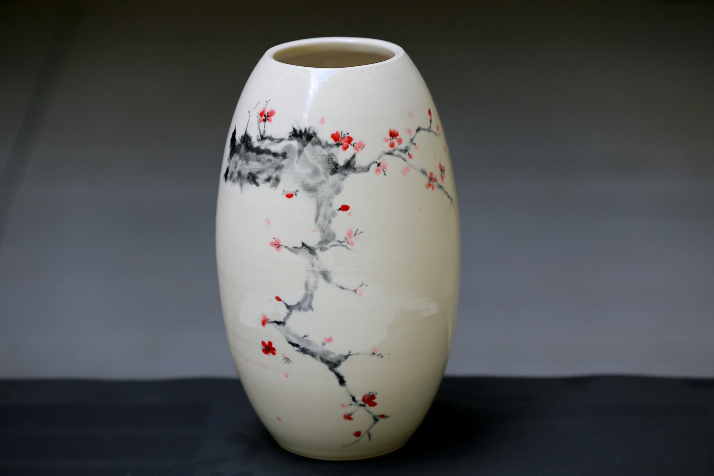 Porcelain vase with handpainted cherry blossom, handmade vase